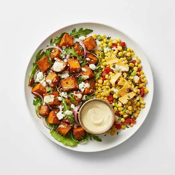Honey-Roasted Sweet Potato Salad With Corn Medley And Sharp Cheddar
